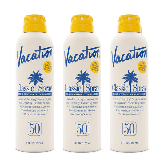 Vacation Classic Sunscreen Spray SPF 50, Water-Resistant, Lightweight, Transparent on All Skin Tones, Dermatologist-Tested, Vegan, 6 Fl. Oz. (Value Pack of 3)-FemmiqueWomen