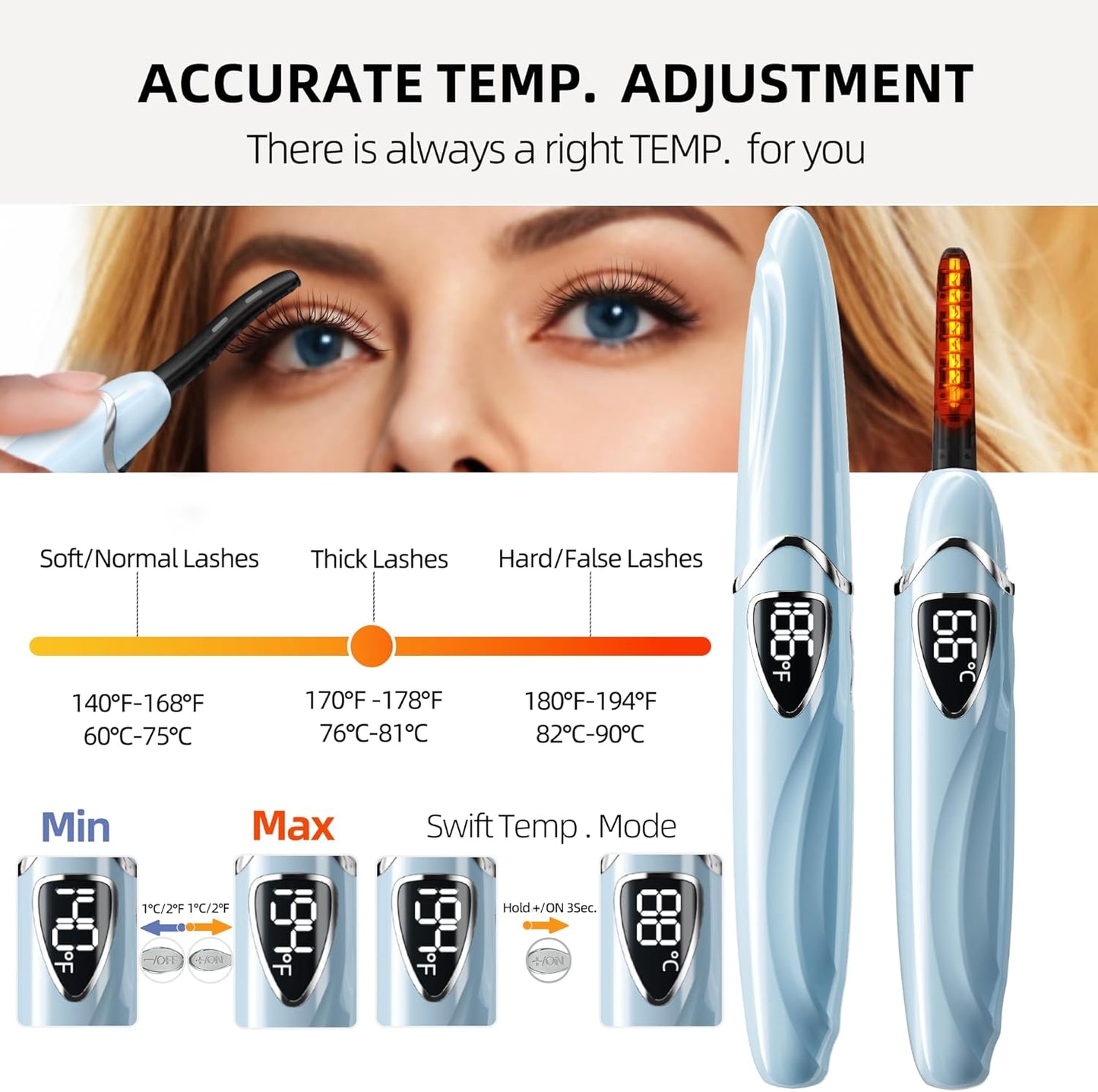 ZAPAL Heated Eyeash Curler, S600 Rechargeable Heated lash Curler, Intelligent Power Off Electric Eyelash Curler Heated Quickly 24 Hs Lasting Natural Makeup for Woman (Angel Blue/Silver, S600-148MM)-FemmiqueWomen