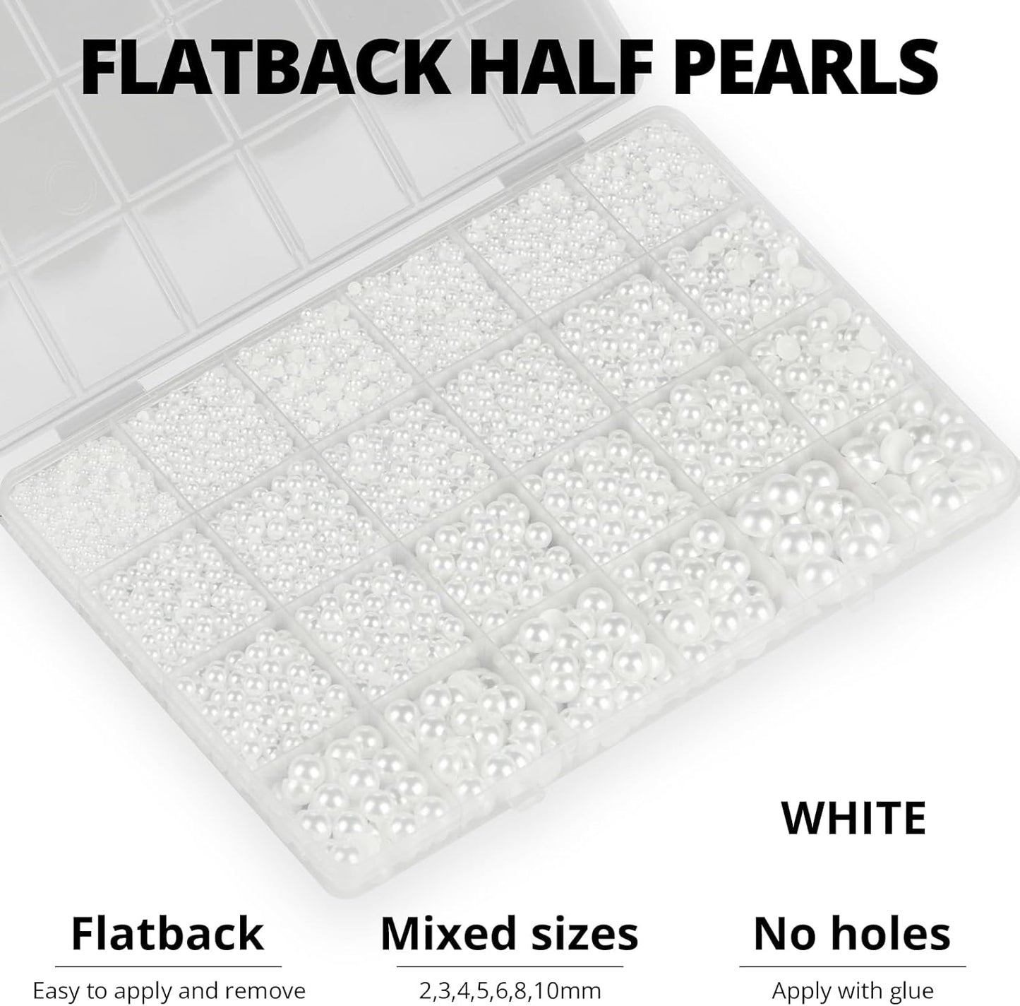 16000Pcs Flatback Pearls for Crafting, White Flat Back Assorted Sizes 2/3/4/5/6/8/10mm Half Pearl Beads Bedazzling for Crafts Clothing Tumbler Shoes Wedding Gown Nails with B7000 Jewelry Making Glue-FemmiqueWomen