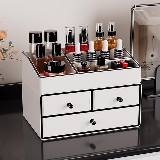 GORESE Leather Makeup Organizer with Drawers for Vanity, Stackable Skincare Holder Dresser Organizer Countertop, Make Up Storage Organizers Counter Cosmetic Display Case Gifts for Women(Cream White)-FemmiqueWomen