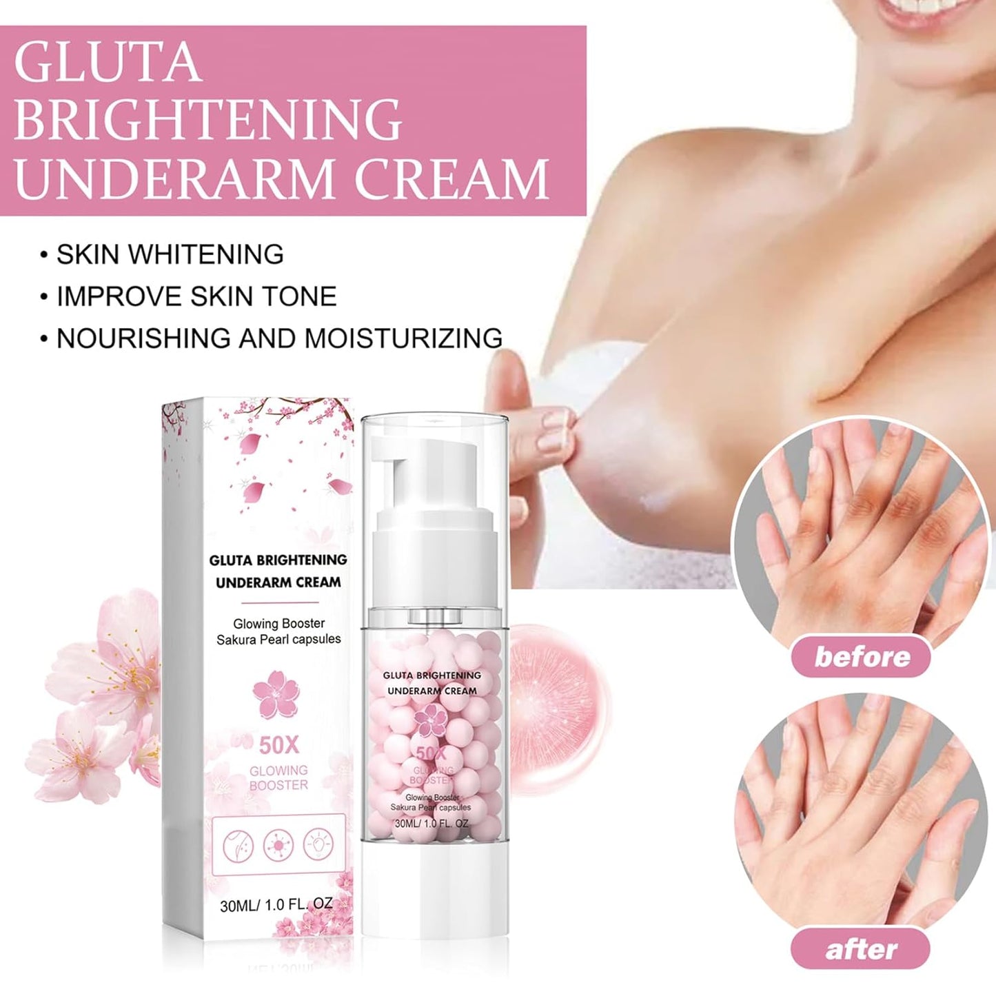 2PCS Gluta Brightening Booster Cream, Underarm Brightening Cream, Brightening Booster Sakur Pearl Capsules,Body Care Cream,Exfoliating Body Gel For Women-FemmiqueWomen