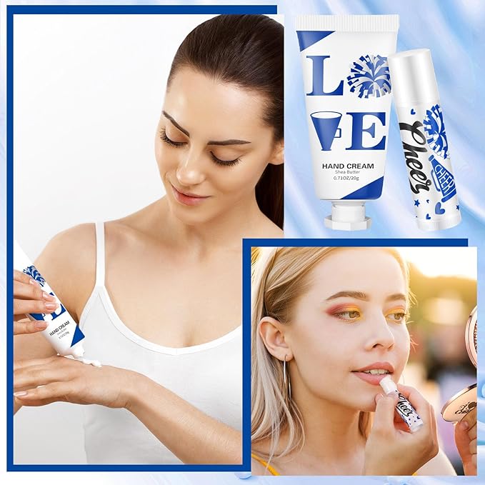 144 Pcs Blue Cheer Favors Natural Bulk Lip Balm and Hand Cream Set, Include 36 Lip Balm 36 Moisturizing Hand Cream 36 Bags 36 Card and Rope cheer accessories for Team Sports Party Supplies-FemmiqueWomen