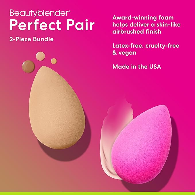 Beautyblender® | Original Pink + Nude Beauty Blender 2-Piece Bundle for Blending Foundations, Powders, and Creams, Super-Soft Foam for Streak-Free Application, Made in the USA, Reusable, Washable-FemmiqueWomen