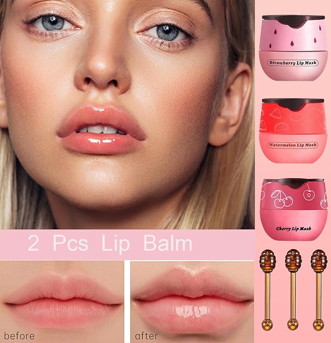 3PCS Bee Lip Balm Honey Pot, Exfoliating Strawberry Cherry Watermelon Bee Lip Balm Sleeping Lip Mask Overnight with Sticks, Honey Pot Lip Balm Prevention Dry Hydrating and Crack Lip Scrubs-FemmiqueWomen