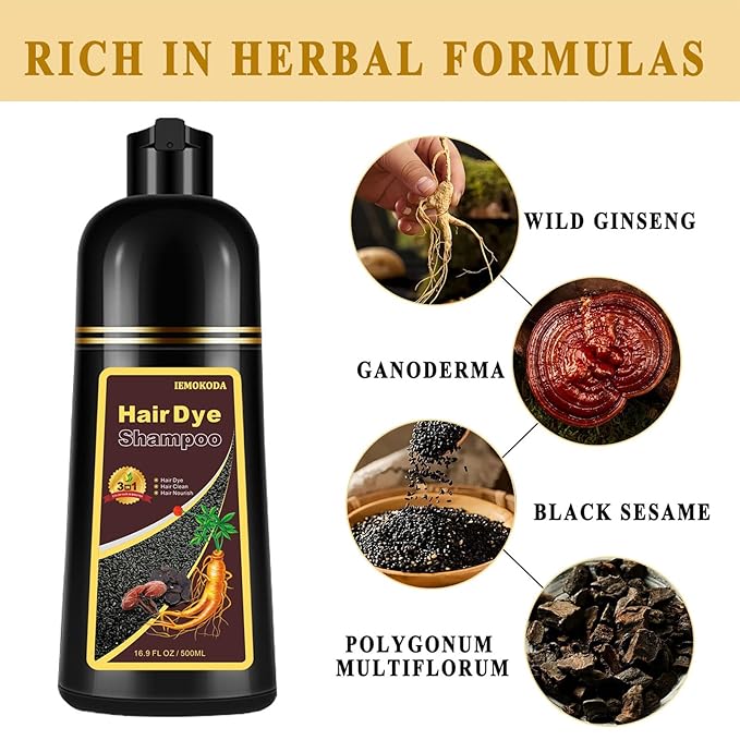 Black Tea Hair Dye Shampoo 3 in 1 for Gray Hair, Long-lasting & Natual Hair Color Shampoo, Herbal Ingredients Natural Shampoo Hair Dye Effect in Minutes, Gifts for Men Women 500ml-FemmiqueWomen