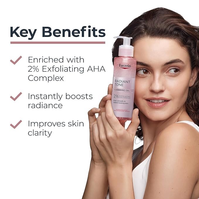 Eucerin Radiant Tone Face Cleanser Gel with 2% Exfoliating AHA Complex, Gentle Face Wash Improves Skin Clarity and Boosts Radiance, All Skin Types, 6.8 Fl Oz Bottle-FemmiqueWomen