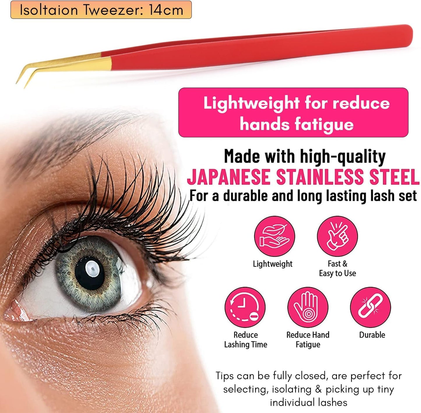 Isolation Tweezers for Eyelash Extension – 14cm Curved, Matte Red with Gold Tip, Stainless Steel, Best for Individual Isolation & Classic Lashes, Pinzas para Pestaña (Matte Red Gold Tip)-FemmiqueWomen