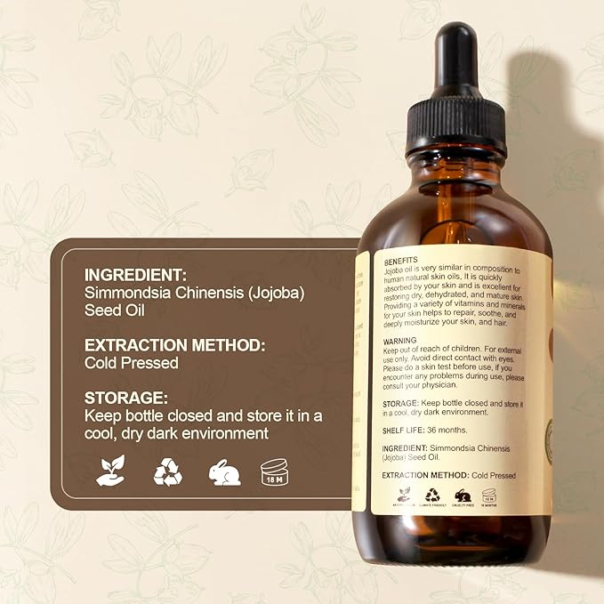 Yoken Jojoba Oil 4 fl oz EWG Verified 100% Pure Jojoba Oil Cold Pressed for Skin, Hair, Nails, Cuticles - Unrefined & Hexane Free, Natural Moisturizer Carrier oils Facial Serum for Gua Sha-FemmiqueWomen