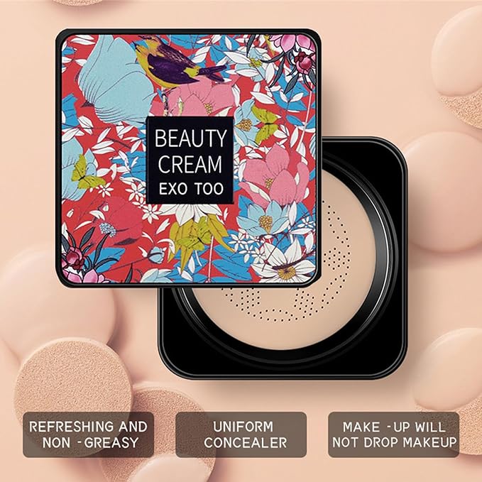 2 Pack Beauty Cream EXO TOO Foundation, Beauty Cream Makeup Base, Moisturizing, Long Lasting Matte Air Cushion CC Cream Concealer with Two Mushroom Head Sponges-FemmiqueWomen