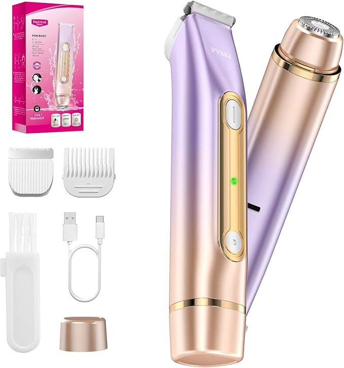 2 in 1 Bikini Trimmer for Women, Dual Head Electric Razor, IPX7 Waterproof Wet/Dry Use Women Electric Shaver, Painless Body Facial Hair Remover for Bikini Legs Arm Underarm, (Lavender)-FemmiqueWomen