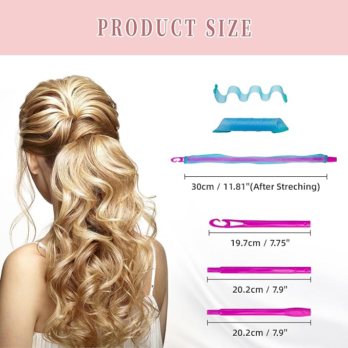 30pcs Heatless Hair Curlers Rollers Wave Curls Styling Kit with 2 Sets Styling Hooks,No Heat Spiral Curlers for Short and Medium Hair(12 Inch/ 30 cm)-FemmiqueWomen