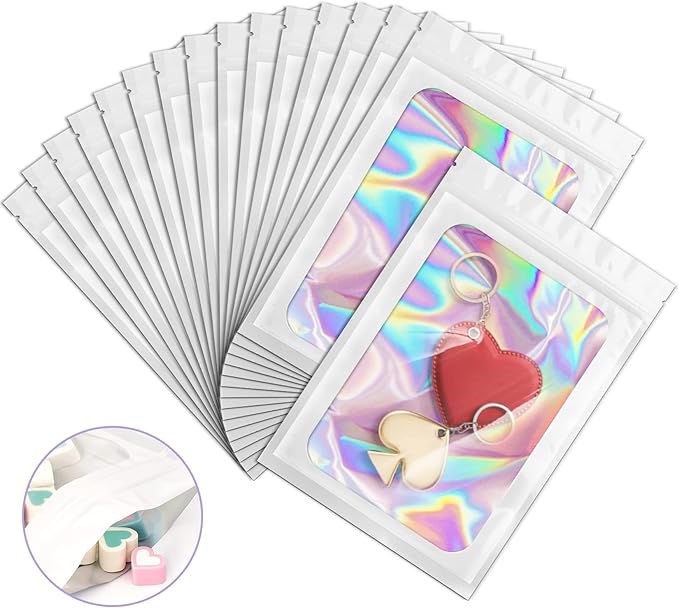 100 Pieces Smell Proof Mylar Bags, Holographic Packaging Bags, Resealable Odor Foil Pouch Zipper Bag with Clear Window for Food Storage and Lipgloss, Jewelry Lash(White, 4 x 6 Inch)-FemmiqueWomen