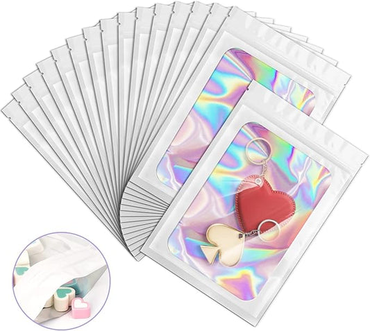 100 Pieces Smell Proof Mylar Bags, Holographic Packaging Bags, Resealable Odor Foil Pouch Zipper Bag with Clear Window for Food Storage and Lipgloss, Jewelry Lash(White, 4 x 6 Inch)-FemmiqueWomen