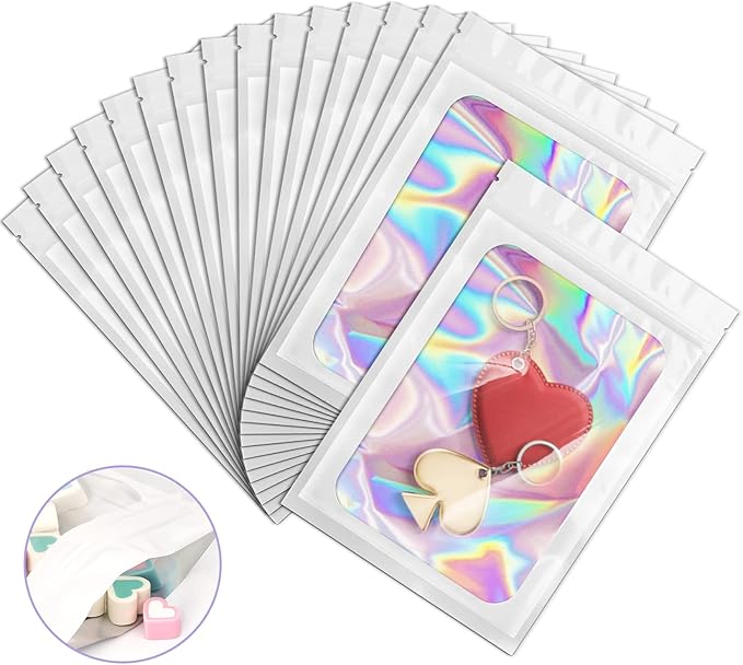 100 Pack Holographic Bags, Smell Proof Packaging Bags, Clear Window Resealable Odor Foil Pouch Mylar Bag for Food Storage and Lipgloss, Jewelry Lash (White, 3 x 4.7 Inch)-FemmiqueWomen