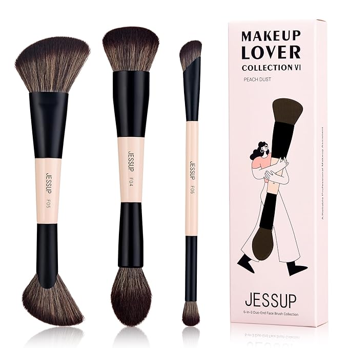 Jessup Face Makeup Brushes 3pcs Double Ended Makeup Brush Set for Foundation Contour Blush Highlight and Powder, Premium Synthetic Make up Brushes Peach Dust T508-FemmiqueWomen