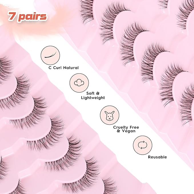Lashes Natural Look False Eyelashes Wispy 13mm Eye Lashes Pack with Thin Cotton Band C Curl Fake Eyelashes 3D Volume For Daily Siligli Lash 7 Pair-FemmiqueWomen