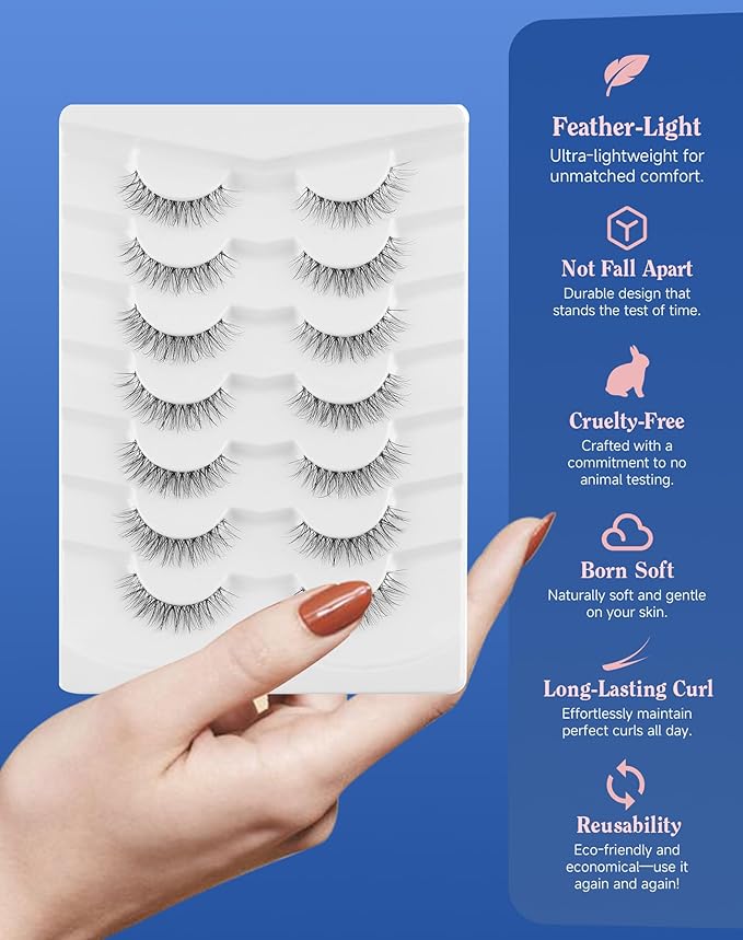 Eyelashes Natural Look Wispy Lashes Flared Strip False Eyelash Short Lash Soft False Eyelashes Fluffy Pack 7 Pairs Everyday 12MM D86-FemmiqueWomen