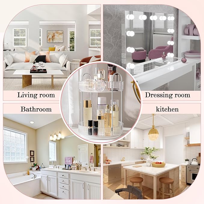 Rotating Makeup Organizer, 360° Spinning Makeup Storage Holder Rack, Dresser Bathroom Organizer Countertop, Large Capacity Perfume Skincare Lipstick Organizer for Vanity.(2 Tiers, Transparent)-FemmiqueWomen