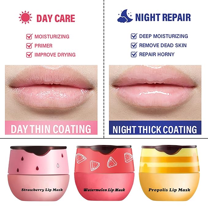 3 Pcs Honey Lip Balm, Bee Lip Balm Honey Pot,Moisturizing Lip Mask Overnight,Hydrate Repair Prevent Dry Cracked Lip Care (Honey+Strawberry+Watermelon)-FemmiqueWomen