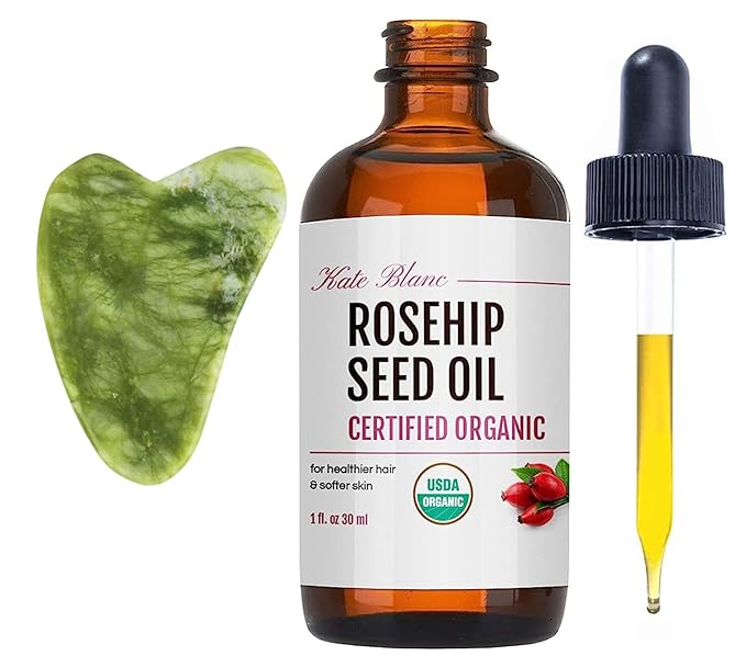 Kate Blanc Cosmetics Rosehip Oil for Face with Jade Gua Sha Stone (1oz, Organic, Pure, Cold Pressed) Rosehip Seed Face Oil for Gua Sha Massage-FemmiqueWomen