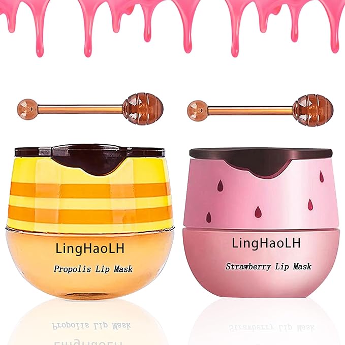 2PCS Bee Lip Balm,Hydrating Honey Pot Lip Balm with Stick,Non-Greasy Silky Sleeping Lip Mask Set,Long Lasting Lip Scrubs Moisturizer for Dry Cracked Lips（Honey ＋Strawberry）-FemmiqueWomen