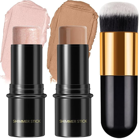 2Pcs Cream Contour Stick Makeup Kit, Cream Highlighter Stick and Bronzer Contour Stick with Longwear Waterproof Formula for Brightening and Trimming the Cheeks, Makeup Brush Include (#03, 09)-FemmiqueWomen