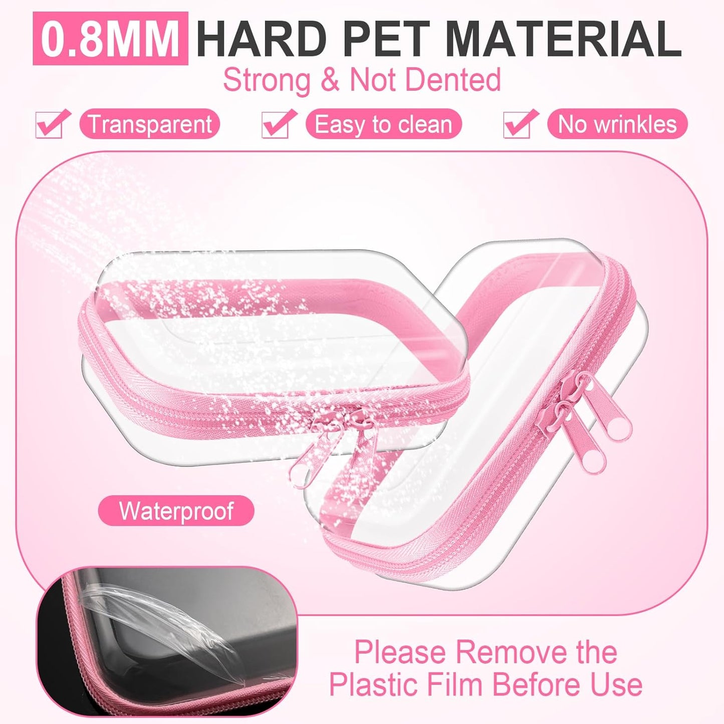Hoolerry 3 Pcs Clear Hard Zipper Case Plastic Pouch Transparent Hard Case Clear Makeup Bag Portable Travel Organizer Bin for Cosmetics, Building Blocks, Puzzles(Pink,Xs)-FemmiqueWomen