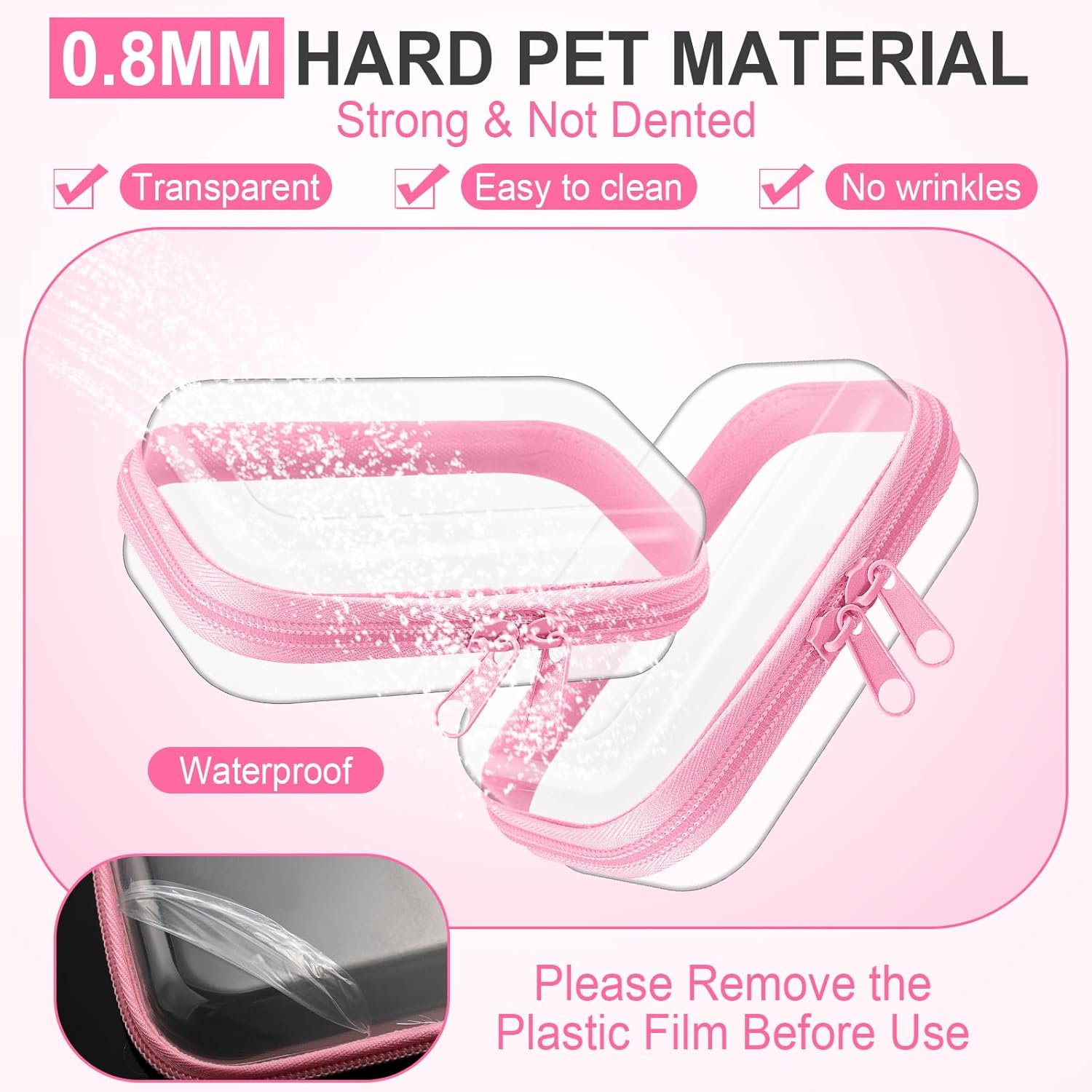 Hoolerry 3 Pcs Clear Hard Zipper Case Plastic Pouch Transparent Hard Case Clear Makeup Bag Portable Travel Organizer Bin for Cosmetics, Building Blocks, Puzzles(Pink,Xs)-FemmiqueWomen