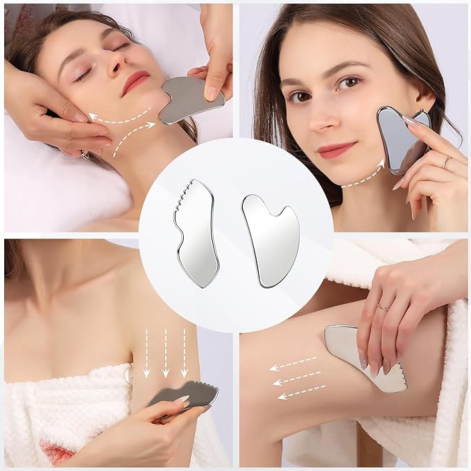 2Pcs Stainless Steel Gua Sha Facial Tools Set, Metal Face Comb Detail Skin Care Tools, Body and Face Gua Sha Sculpting for Tighten Skin Lymphatic Drainage-FemmiqueWomen