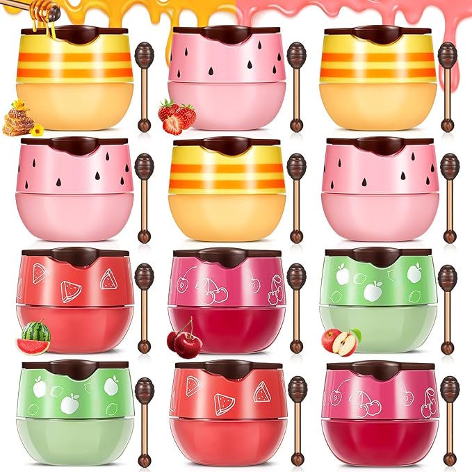 12 Pcs Bee Lip Balm Honey Pot with Brush Propolis Lip Mask Overnight, Moisturizing Hydrating Lip Sleeping Mask Prevention Dry and Cracked(Honey+Strawberry+Watermelon+Apple Lime+Cherry)-FemmiqueWomen