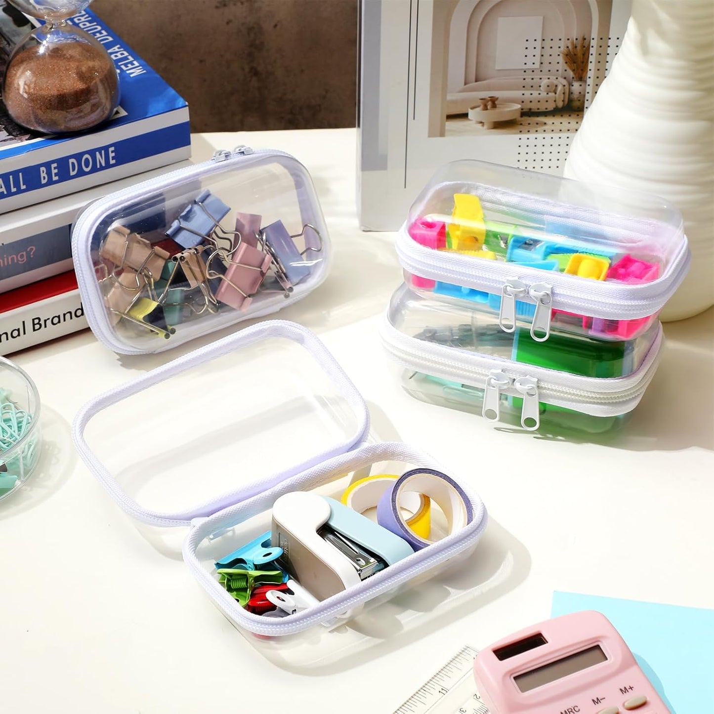 Hoolerry 4 Pcs Hard Clear Zipper Case Makeup Bags Plastic Pencil Pouch Transparent Storage Box Containers for Cosmetics, Snacks, Building Blocks, Puzzles(White,5 x 3 x 2 in)-FemmiqueWomen