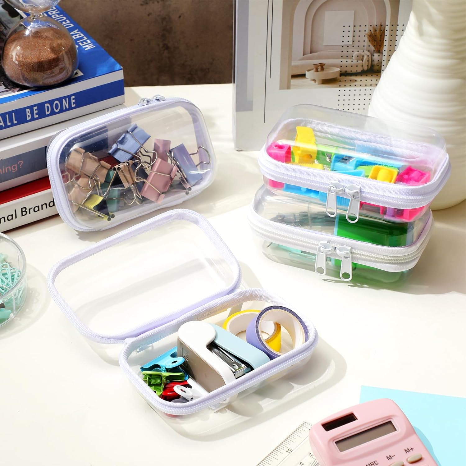 Hoolerry 4 Pcs Hard Clear Zipper Case Makeup Bags Plastic Pencil Pouch Transparent Storage Box Containers for Cosmetics, Snacks, Building Blocks, Puzzles(White,5 x 3 x 2 in)-FemmiqueWomen