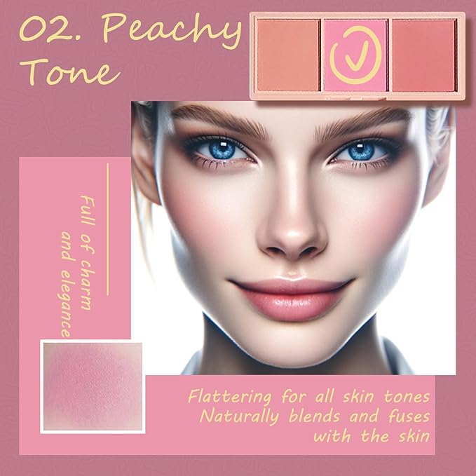 3 Color Matte Pink Blush Palette with Brush, Long Lasting Cheek Makeup, Smooth and Light Blush Powder for Face Beauty-FemmiqueWomen