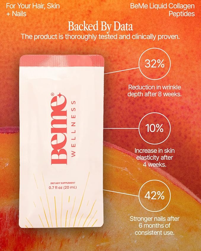 BeMe Liquid Collagen for Women - 2500mg Verisol Collagen Liquid with Biotin, CoQ10 & Vitamin C - Clinically Proven Collagen Peptides for Hair, Skin & Nails - 15 Peach Sachets