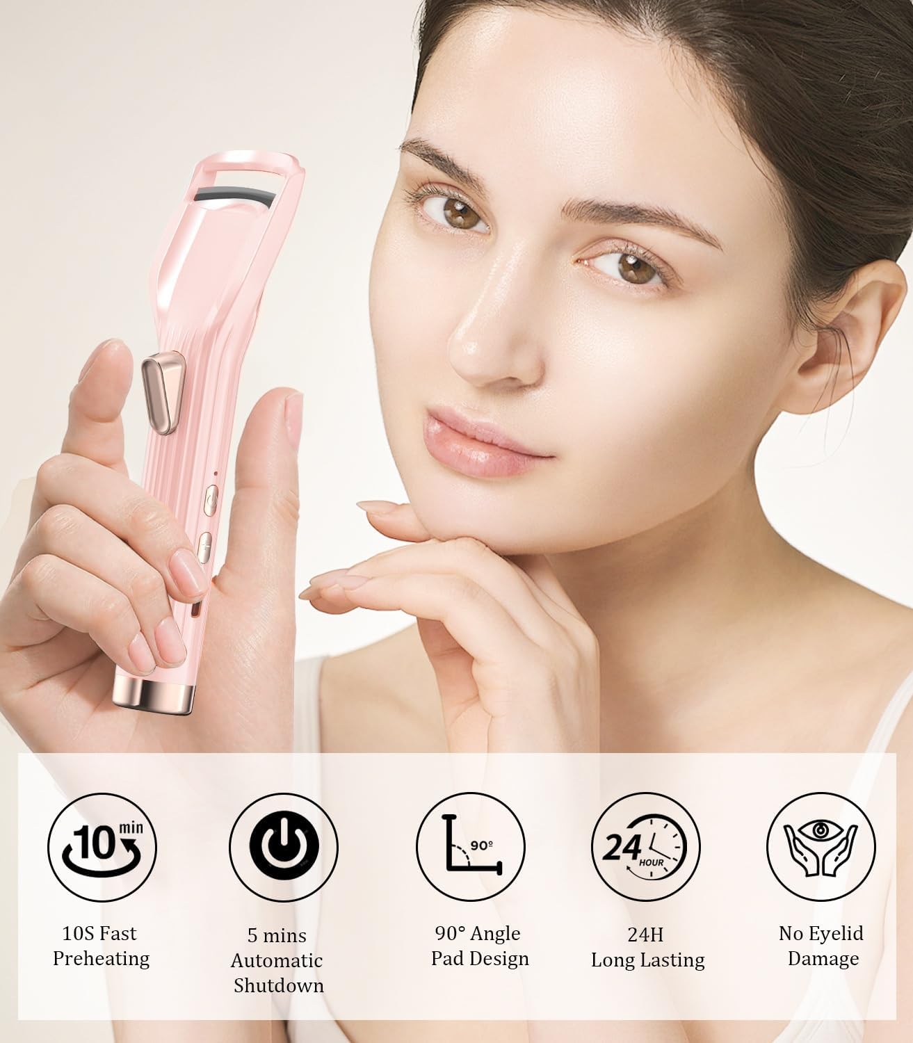 Heated Eyelash Curler Premium PRO - Fast Heat up in 8s - 24 Hours Long Lasting - Rechargeable Electric Eyelash Curler with Type-C, Innovative L Silicone, 2 Heat Modes, Anti-Burn Eyelid, Pink-DB-FemmiqueWomen