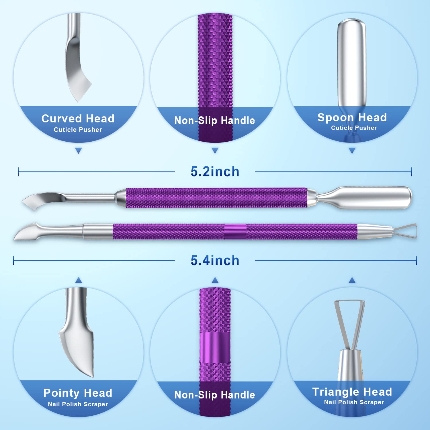 2PCS Metal Deep Purple Cuticle Pusher and Cutter Remover Salon Quality Stainless Steel Gel Nail Polish Peeler Scraper Durable Manicure and Pedicure Cleaner Tool For Fingernail and Toenail-FemmiqueWomen