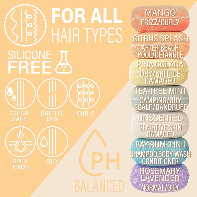 Citrus Splash Shampoo Bars for all Hair Types is Vegan, Sulfate Free and Made in the USA. This beach shampoo bar has a swim detangler and is great as a travel shampoo. Get up to 60 washes.-FemmiqueWomen