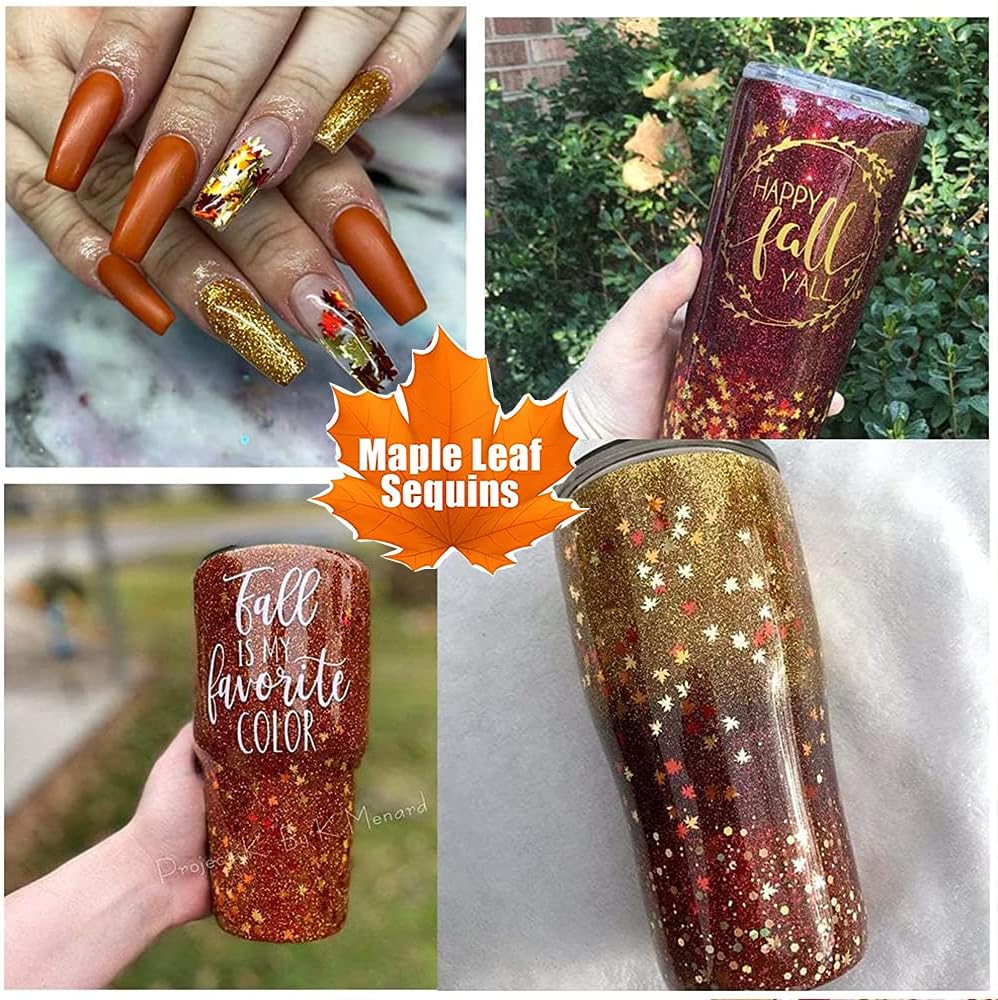 3D Fall Maple Leaf Nail Art Decals Charms for Nails, 3D Holographic Glitters Meteillc Red Yellow Nail Art Sequins Flakes for Women DIY Manicures Salon Accessories 2 Bag-FemmiqueWomen