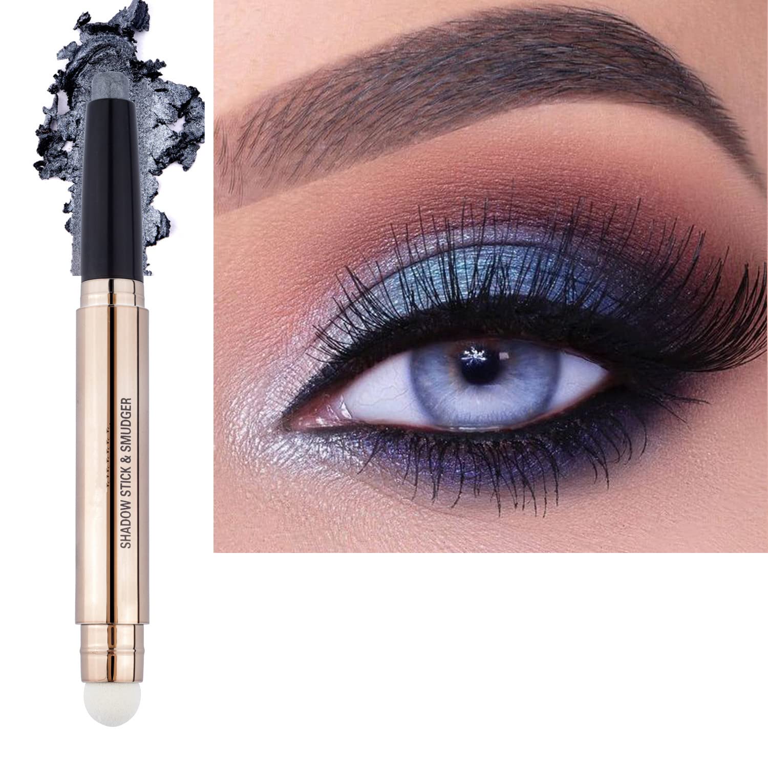 2 in 1 eyeshadow stick and Sponge Makeup Brush, Smooth Cream Shimmer Shadow Pencil Long Lasting Waterproof Eye Shadow Highlighter Stick Makeup , HypoallergenicHighlighter Multi-Dimensional eyes Look-FemmiqueWomen
