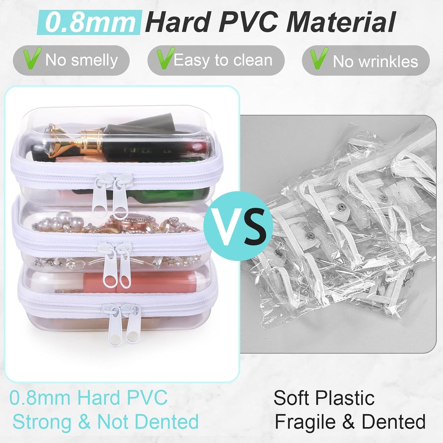 Hoolerry 3 Pcs Clear Hard Zipper Case Plastic Pouch Transparent Hard Case Clear Makeup Bag Portable Travel Organizer Bin for Cosmetics, Building Blocks, Puzzles(White,S)-FemmiqueWomen