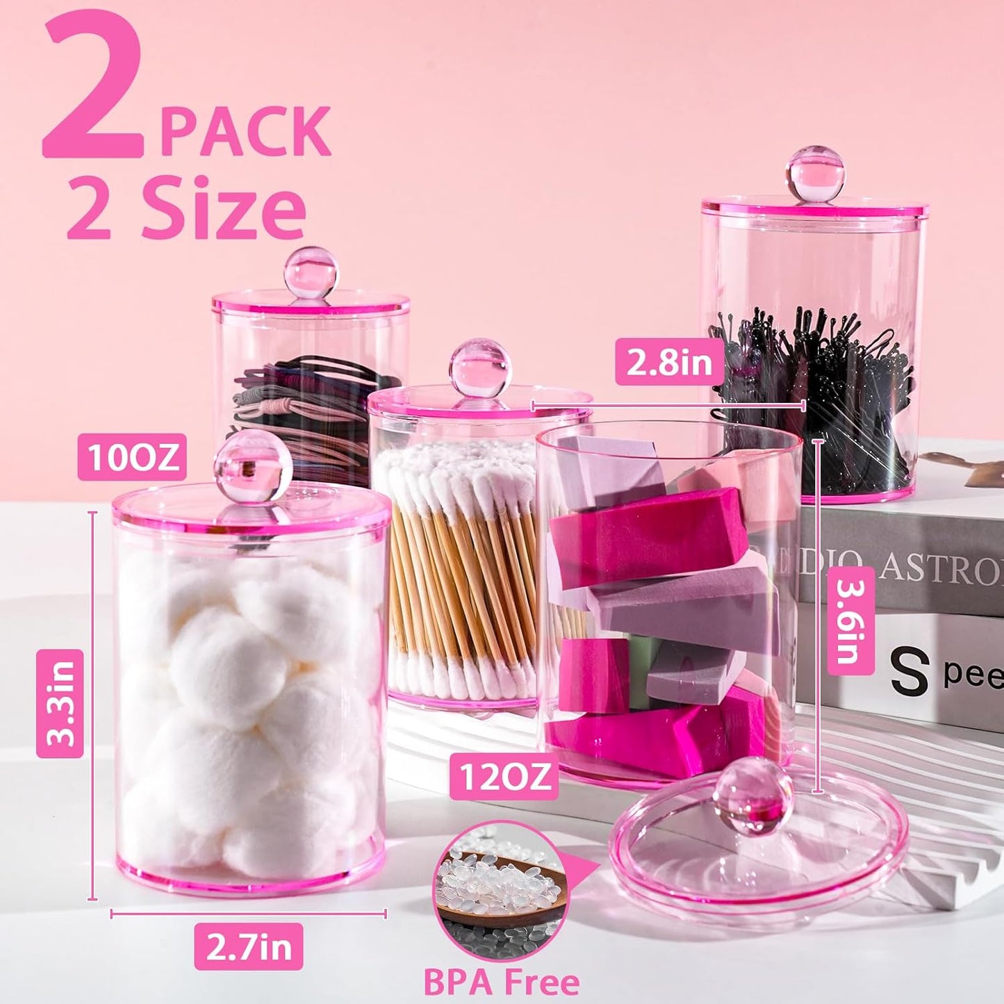 2 Pack Qtip Holder,Canister Apothecary Jar Set, Bathroom Jars with Lids Set for Cotton Swabs, Balls, Pads, Floss Picks,10oz-12oz Plastic Canisters Restroom Bedroom Vanity Organizer(Pink)-FemmiqueWomen
