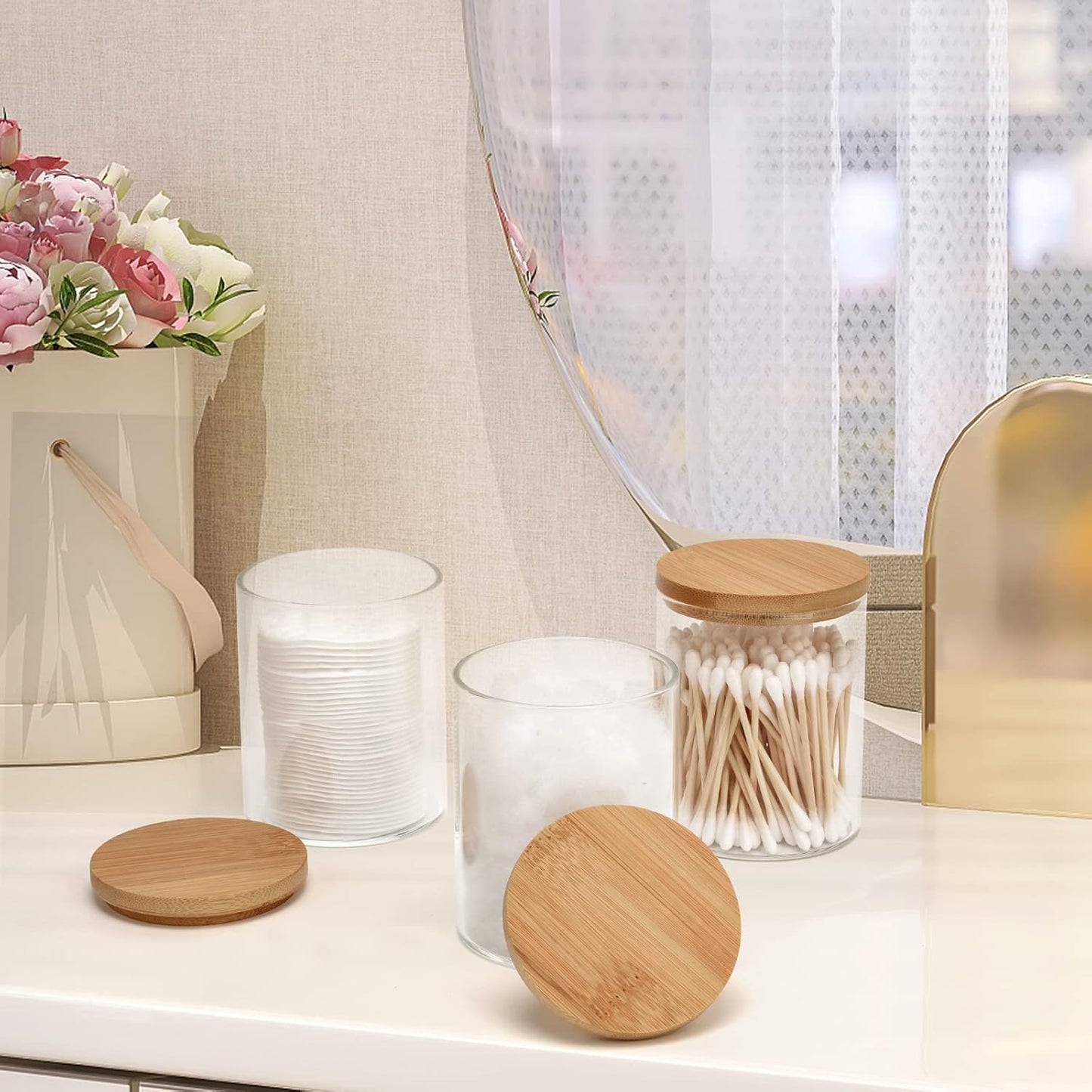3 Pack Glass Qtip Holder Dispenser Set - Apothecary Jars with Lids for Vanity Makeup Organizer - Bathroom Canister Storage Organizer for Cotton Ball,Swab,Round Pads,Floss-FemmiqueWomen