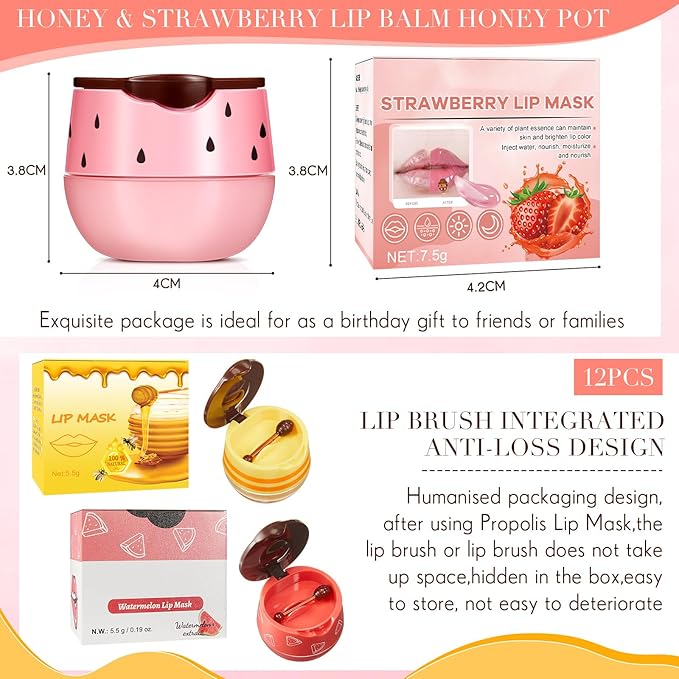 12 Pcs Bee Lip Balm Honey Pot with Brush Propolis Lip Mask Overnight, Moisturizing Hydrating Lip Sleeping Mask Prevention Dry and Cracked(Honey+Strawberry+Watermelon)-FemmiqueWomen