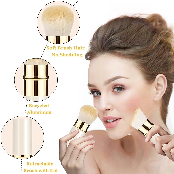 Makeup Brush, Retractable 2 Pack Travel Kabuki Powder Makeup Brush, Foundation Face Blush Brushes for Blending Liquid, Blush, Bronzer, Buffing, Sunscreen,Flawless Cosmetics-FemmiqueWomen