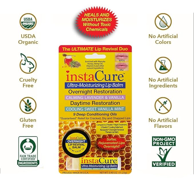 InstaCure's Original Nose Balm Fast Relief for Cracked, Dry & Sore Noses! Ultra-Moisturizing Lip Repair Duo. Calming Lavender & Vanilla Overnight Lip Mask + Cooling Sweet Vanilla Mint Daytime Lip Balm-FemmiqueWomen