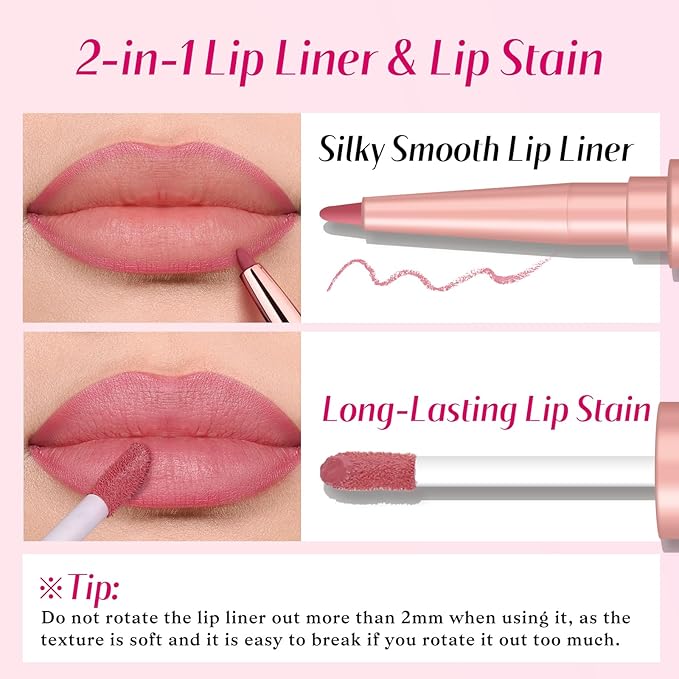 2 PCS Lip Liner and Lip Stain Combo Set, High Pigmented Long Lasting Velvet Lip Tint, Well-Defined Lipliner, Weightless Waterproof Not Animal Tested, Matte Finish Makeup-FemmiqueWomen
