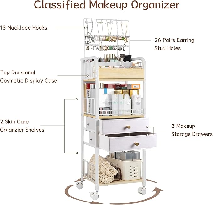 YGJT Makeup Organizer, Floor Skincare Cosmetics Organizer with Drawers, Jewelry Organizers and Storage for Earring Necklace, Vanity Organizer for Skin Care Perfume Makeup Brush Nail Polish Hair Tool-FemmiqueWomen