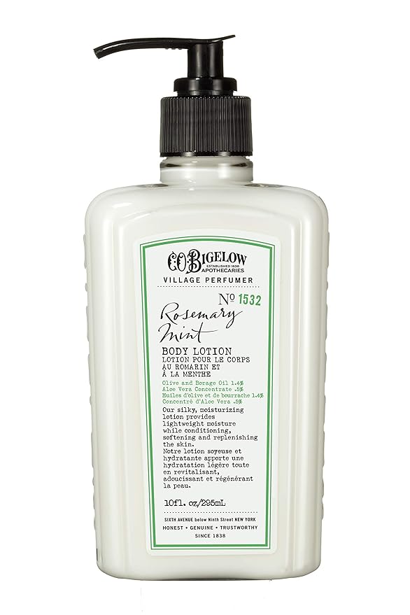 C.O. Bigelow Rosemary Mint Body Lotion, Village Perfumer Moisturizing Body Lotion with Aloe Vera, Borage Oil & Olive Oil, 10 Fl Oz-FemmiqueWomen