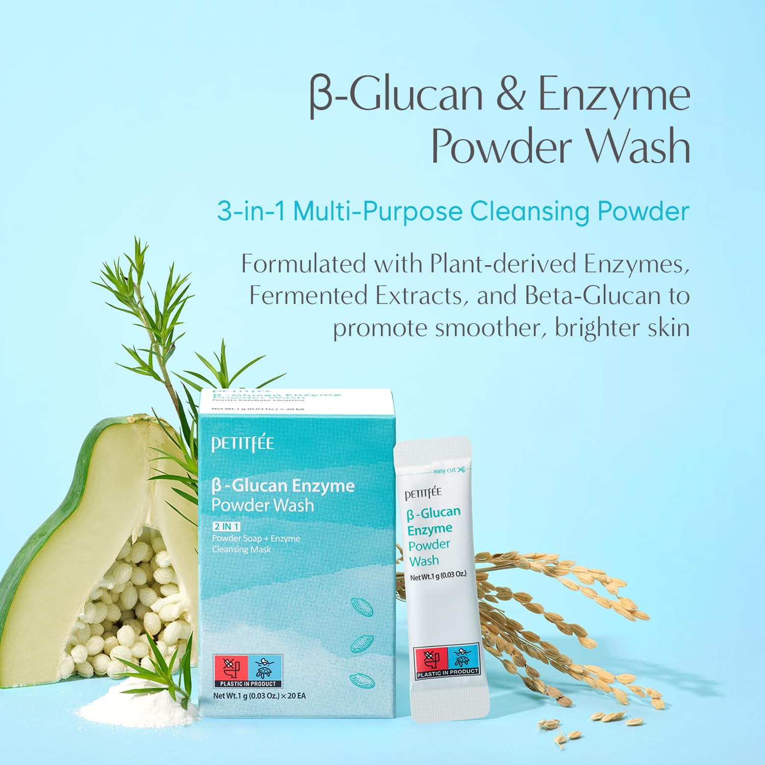 Petitfee B-Glucan Enzyme Wash 1g*20ea - Facial Cleanser, Cleansing Powder with Papaya Extract Papain, Rice Extract for Mild, Daily Exfoliation, Powder Soap, Cleansing Mask, Travel Size-FemmiqueWomen