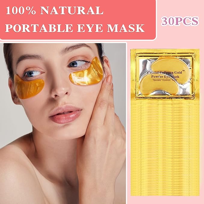 30 Pairs 24K Gold Under Eye Patches,Crystal Collagen Under Eye Mask,Puffy Eyes and Dark Circles Treatments,Moisturising&Hydrating Under Eye Patch Pads for Reducing Fine Lines Eye Bags(Gold)-FemmiqueWomen